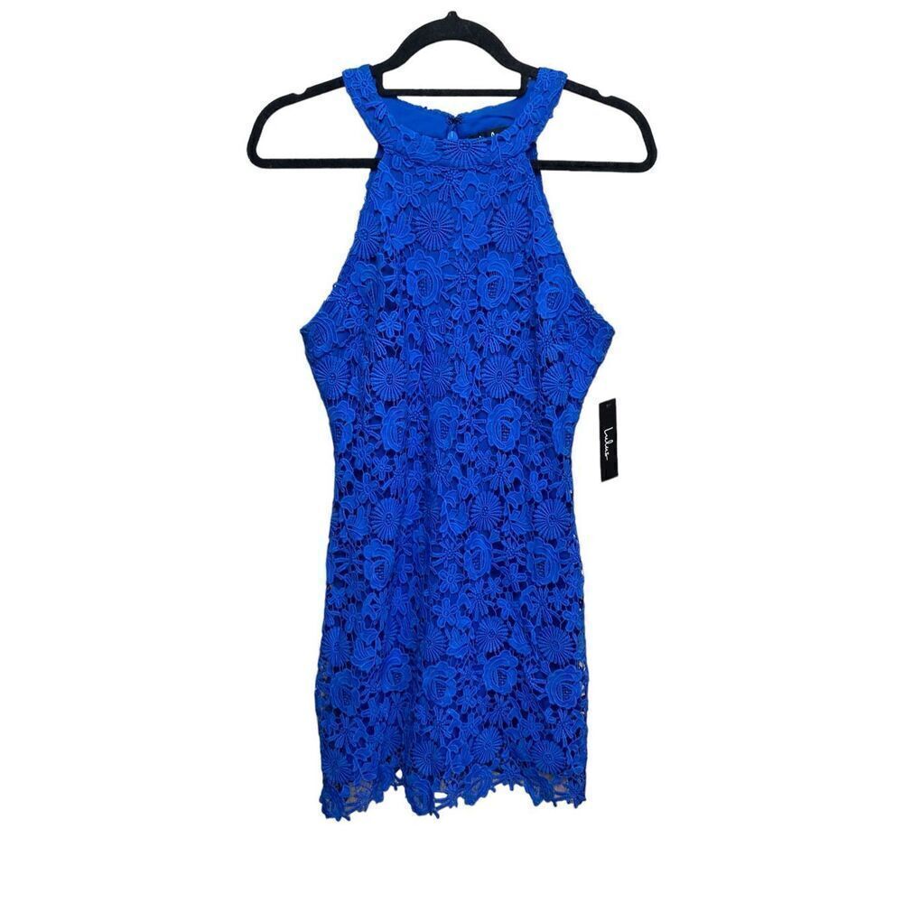 Lulus Womens Royal Blue Floral Lace Love Poem Mini Dress Size Medium Nwt